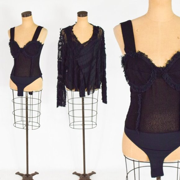 1990s Bisou-Bisou Black Knit Bodysuit Teddy - Picture 1 of 5